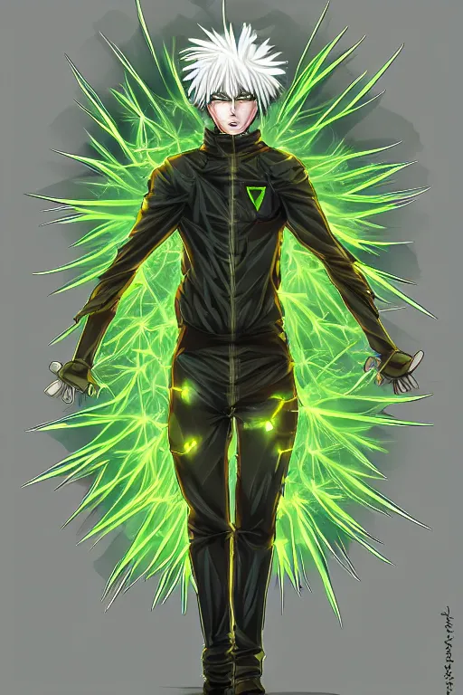 Image similar to nuclear bomb dandelion male anime character, symmetrical, highly detailed, digital art, sharp focus, trending on art station, green eyes, glowing radioactive colours