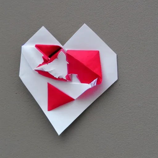 Prompt: paper origami broken heart, pinned to a wall, dripping strawberry syrup