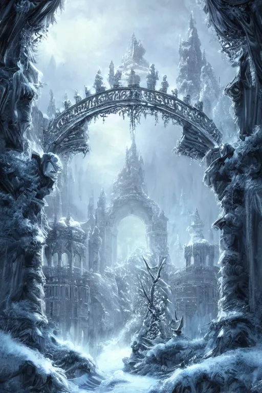 Prompt: massive ornate gateway set in a dreamy beautiful fantasy landscape. The gateway leads to a frozen realm which is visible through the gateway. Digital art. Very detailed. Trending on artstation.