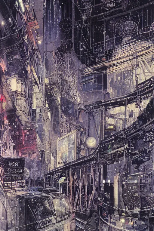 Prompt: A hyper-detailed, ultra-detailed, full-color photorealistic mixed media painting of a polluted futuristic cityscape with intricate, perfe4ctly symmetrical art nouveau infrastructure and architecture at night in the winter, bill sienkiewicz illustration with slight spraying from 1984, Travis Charest, Stephen Gammell