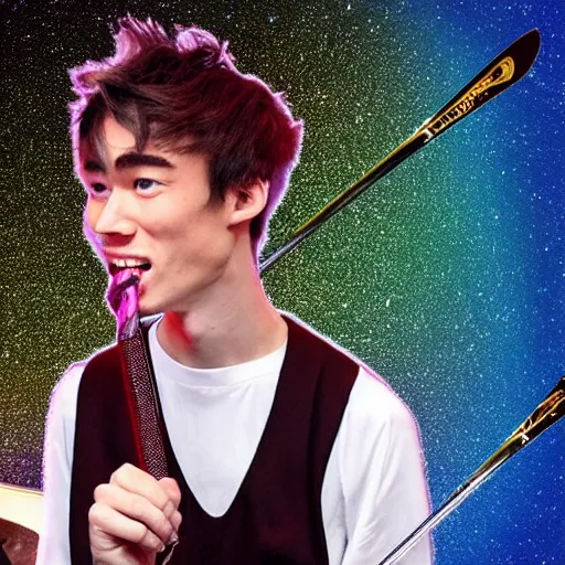 Prompt: anime of jacob collier on space darkness hitting saturn rings with drum sticks