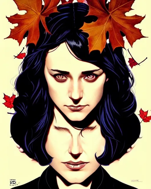 Image similar to beautiful stella maeve magician, black magic spells, in the style of joshua middleton, rafeal albuquerque comicbook cover art, phil noto, creepy pose, spooky, symmetrical face and body, cinematic lighting, detailed realistic symmetrical eyes, insanely detailed and intricate elegant, autumn leaves