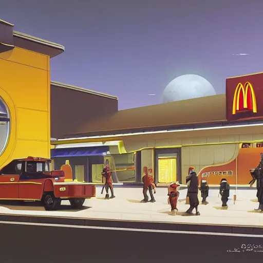 Image similar to intricately detailed ralph mcquarrie concept art of a futuristic mcdonalds with the golden arches displayed. a space station is seen off in the distance with various droids and people walking in the foreground. a trooper is seen holding a brown mcdonalds bag.