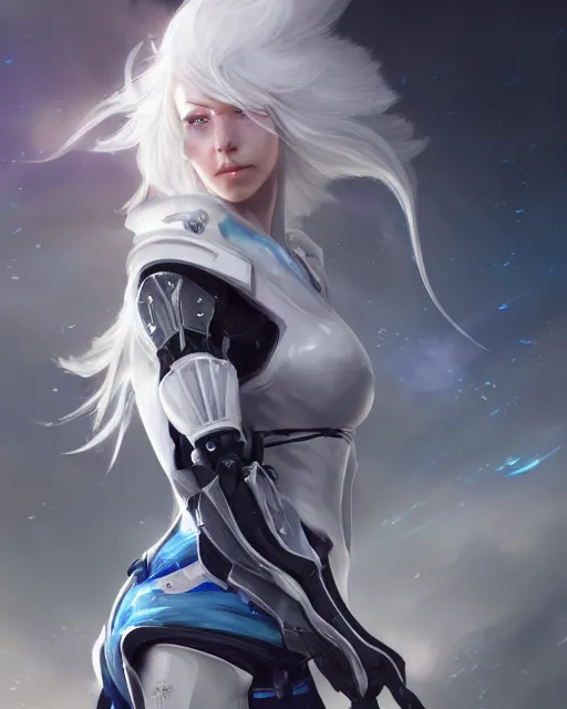 Image similar to perfect white haired girl, warframe armor, beautiful, pretty face, blue eyes, detailed, windy weather, scifi, platform, laboratory, experiment, 4 k, ultra realistic, epic lighting, high detail, masterpiece, by akihito tsukushi, charlie bowater, ross tran