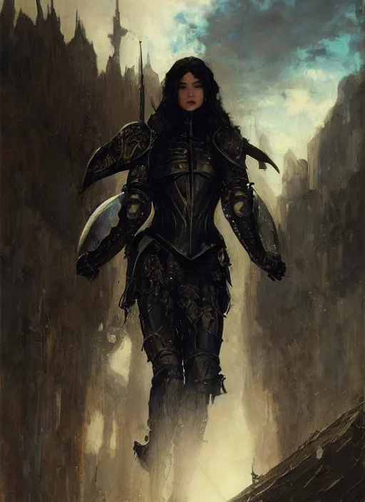 Image similar to beautiful young blue eyed woman wearing black medieval armour, by gaston bussiere, bayard wu, greg rutkowski, giger, maxim verehin, greg rutkowski, masterpiece, sharp focus, cinematic lightning