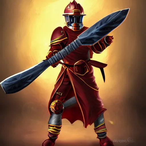 Image similar to A fantasy knight wearing firefighter gear and holding a fire axe, highly detailed, digital art, sharp focus, trending on art station, fire elemental, anime art style