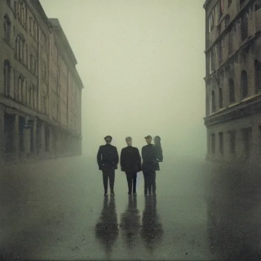 Prompt: portrait of 2 blurry shadowed men standing on berlin street in mist and fog, damaged autochrome