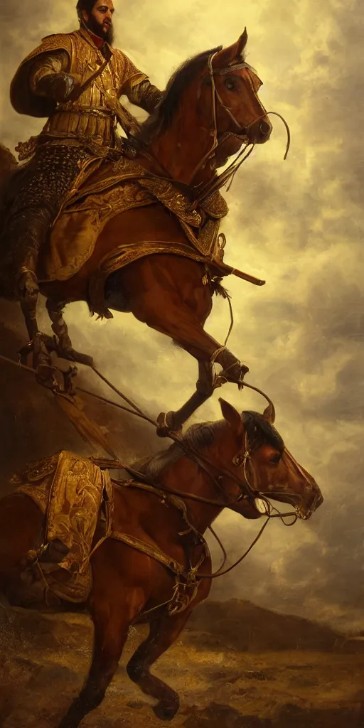 Image similar to Highly detailed and cinematic romantic period oil painting of an Arabian prince riding a rearing horse, beautifully lit and atmospheric, an oil painting masterpiece by Josep Tapiró Baró, RPG portrait, dynamic lighting, 8K