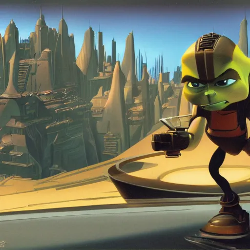 Image similar to ralph mcquarrie concept art for ratchet & clank, matte scene