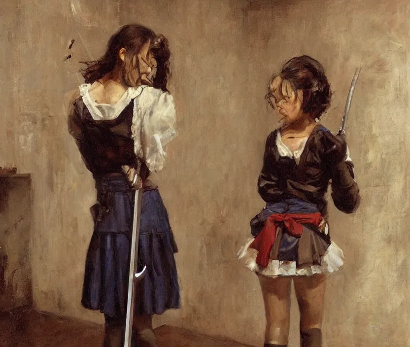 Image similar to School girl holding a katana and standing on an abandoned hospital room , by Konstantin Razumov, horror scene, highly detailded