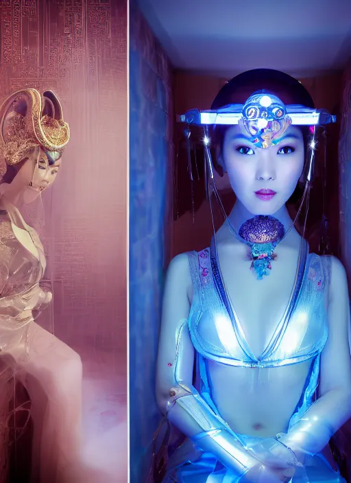 Image similar to photo shoot pose photo of beautiful Chinese ancient princess standing in the corridor in the space ship, symmetrical face, big eyes and lips, looking down, subtle makeup, clean face and body skin,ecstatic expression, ornamental jewelry and ancient translucent clothes, futuristic space ship interrior, wires with lights,depth of field, lens flares, dust in the air, moody lighting, intricate, elegant, highly detailed, centered, smooth, sharp focus, Donato Giancola, Joseph Christian Leyendecker, WLOP, Boris Vallejo, Artgerm moody photography, old photo, black and white, sepia, cinematic lighting, cinematic angle, editorial photography