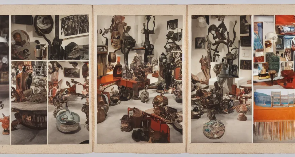 Image similar to A three color offset photography of objects on display, anthropology of wonder, exotic artifacts, bauhaus, colonial expedition, exhibition, 60s style