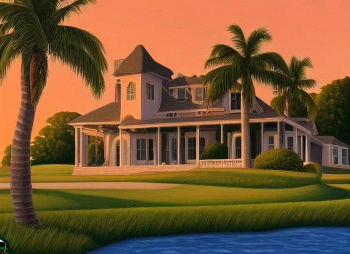 Prompt: a manor by the ocean, evening, summer, painting by kenton nelson