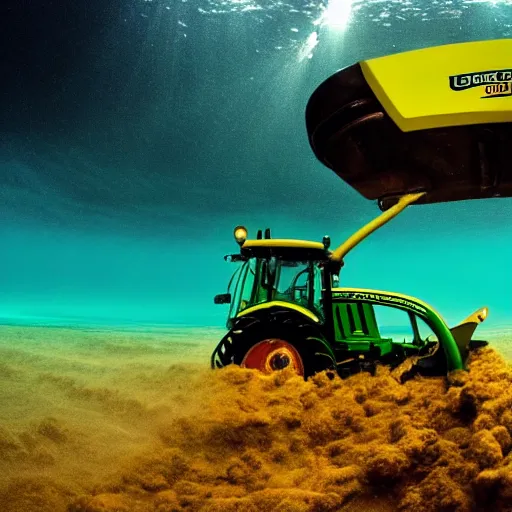 Prompt: ultrawide shot backlit john deere tractor ploughing the seabed underwater photo on gopro