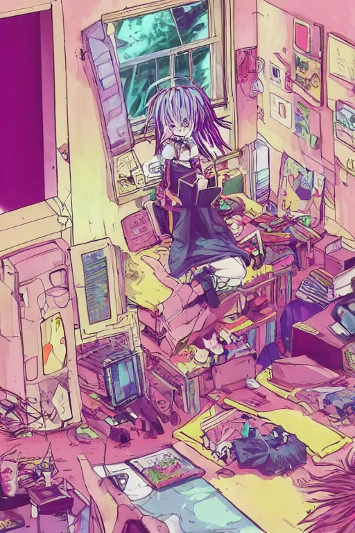 Image similar to concept art painting of a chibi anime cybergoth girl with pink dreads on the floor reading a book in a cluttered 9 0 s bedroom, artgerm, moebius, inio asano, toon shading, cel shading, calm, tranquil, vaporwave colors,