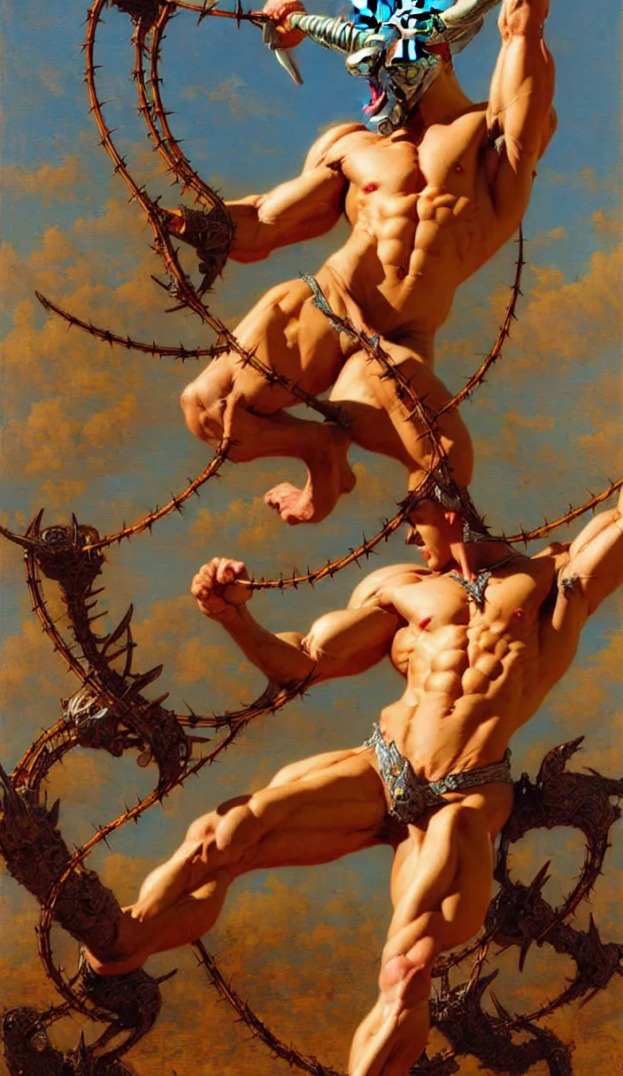 Prompt: muscular anthropomorphic unicorn breaking barbed wire with his hands, highly detailed painting by gaston bussiere and j. c. leyendecker and craig mullins 8 k