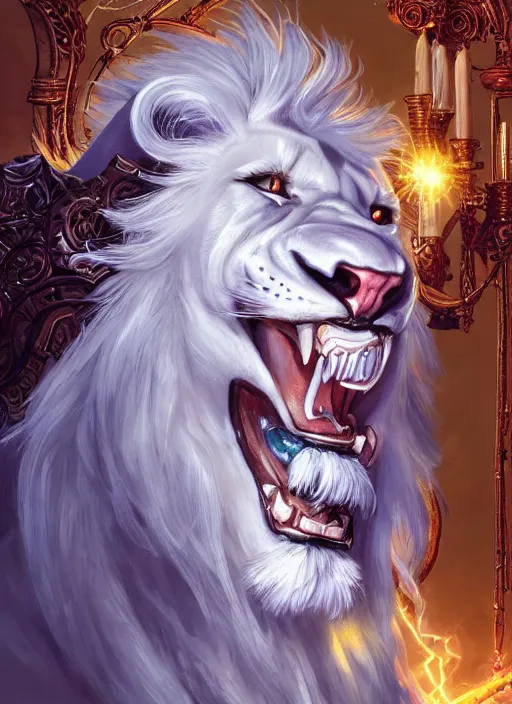 Image similar to anthropomorphized white lion wizard casting magic bright light spell, smiling, casting spell, concept art, insanely detailed and intricate, hypermaximalist, elegant, ornate, hyper realistic, super detailed, art deco, cinematic, trending on artstation, magic the gathering artwork