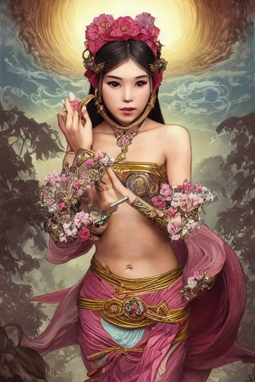 Image similar to portrait of Hello Kitty in ancient Java as \'Death\' tarot card design, D&D, MtG art,fantasy, intricate, elegant, highly detailed, digital painting, artstation, concept art, smooth, sharp focus, hyperrealistic,illustration, art by artgerm and greg rutkowski and alphonse mucha