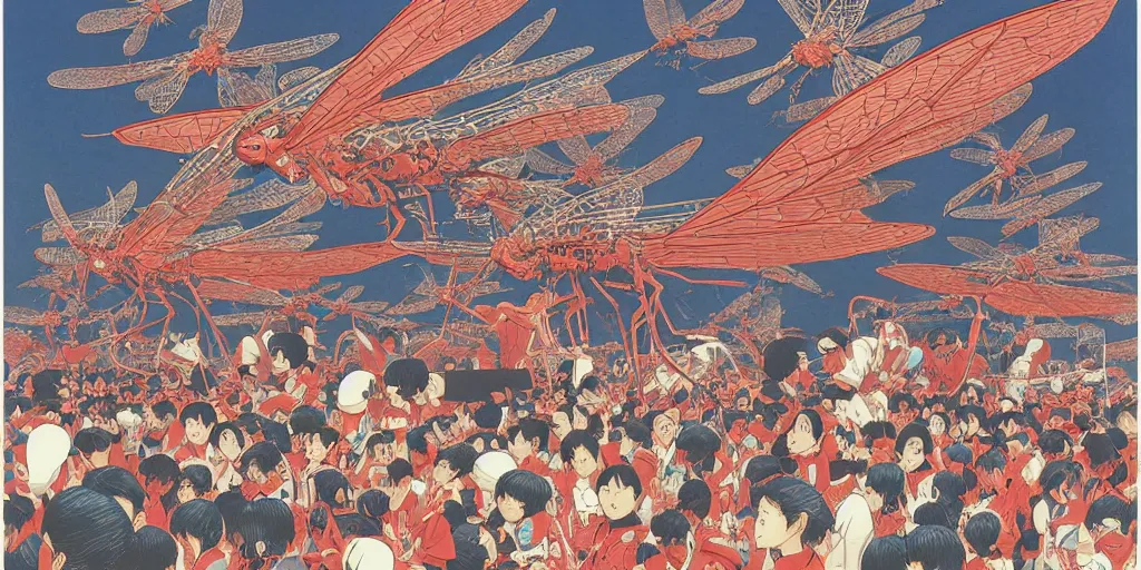 Image similar to gigantic dragonflies with human faces catch tiny robots, a lot of exotic mechas robots around, human heads everywhere, risograph by kawase hasui, satoshi kon and moebius, 2 d gouache illustration, omnious, intricate, a lot of tiny details, fullshot