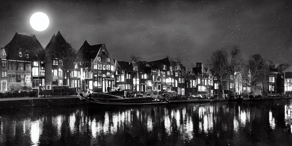 Prompt: Dutch houses along a river, silhouette!!!, Circular white full moon, black sky with stars, lit windows, stars in the sky, b&w!, Reflections on the river, a man is punting, flat!!, Front profile!!!!, high contrast, HDR, concept art, street lanterns, 1904, Style of Frank Weston, illustration