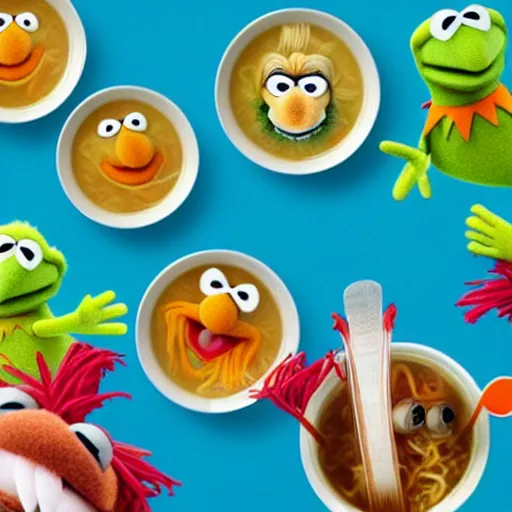 Image similar to muppets swimming in noodle soup