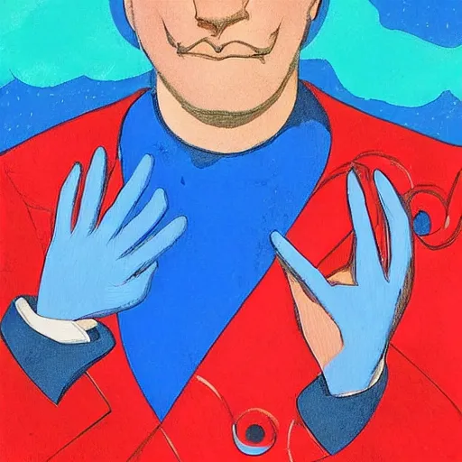 Image similar to A beautiful digital art of a man in a red suit with a blue background. The man's eyes are closed and he has a serene, content look on his face. His arms are crossed in front of him and he appears to be floating in space. The blue background is swirling with geometric shapes and patterns. by Ramon Casas, by Gabriele Münter sinister