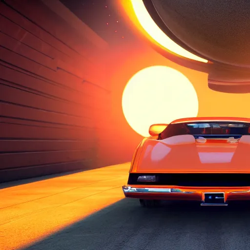 Image similar to a car is flying in front of a bright orange sun, a raytraced image by Mārtiņš Krūmiņš, featured on cg society, space art, outrun, #screenshotsaturday, octane render
