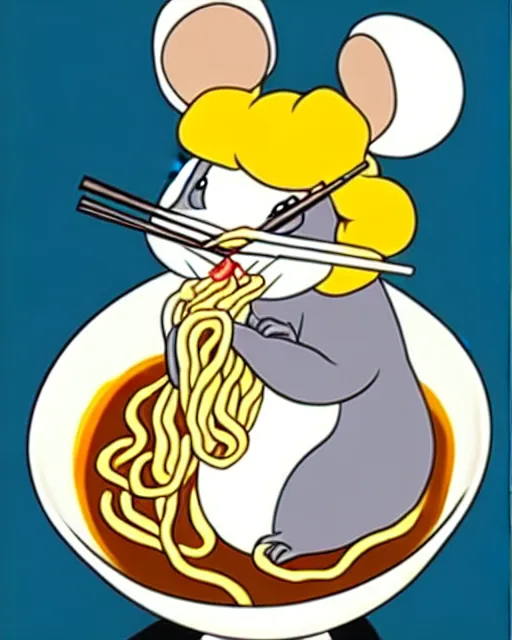 Image similar to cartoon chinchilla eating ramen, disney, hanna barbera