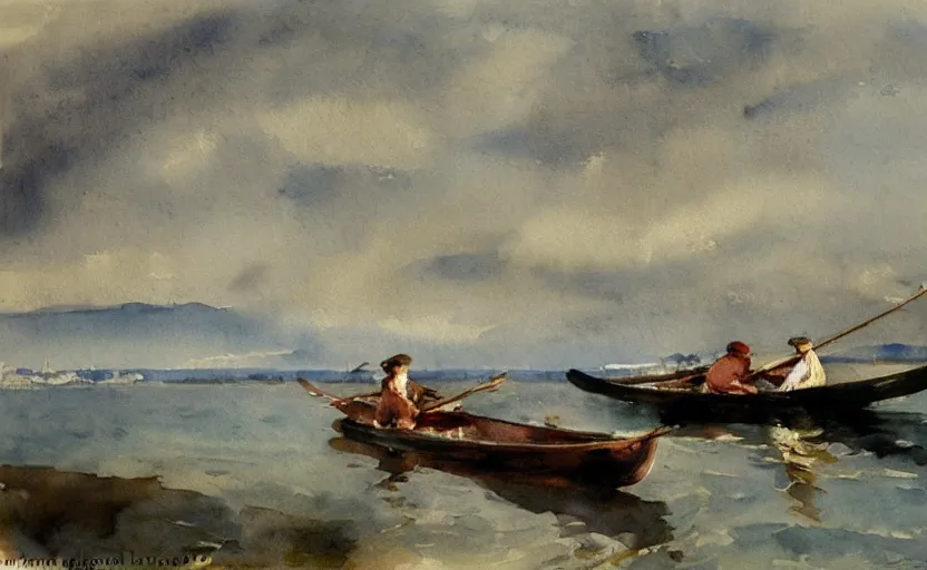 Prompt: watercolor lanscape by anders zorn, realistic, romanticism by goya, rowing boat on lake