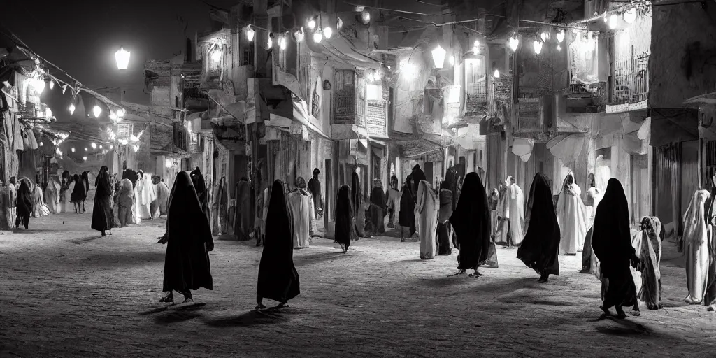 Prompt: el mowlid street rituals in medieval ghardaia, night lights, crowded, cinematic, volumetric light, moody