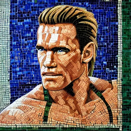 Prompt: ancient greek mosaic of arnold schwarzenegger as link from zelda