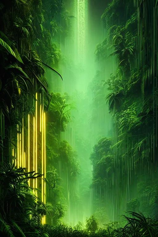 Image similar to a lush jungle arthur haas and bruce pennington and john schoenherr, cinematic matte painting in the style of glitch art, minimal modern pixel sorting, zaha hadid building, photo realism, neon lights, dark moody color palate,