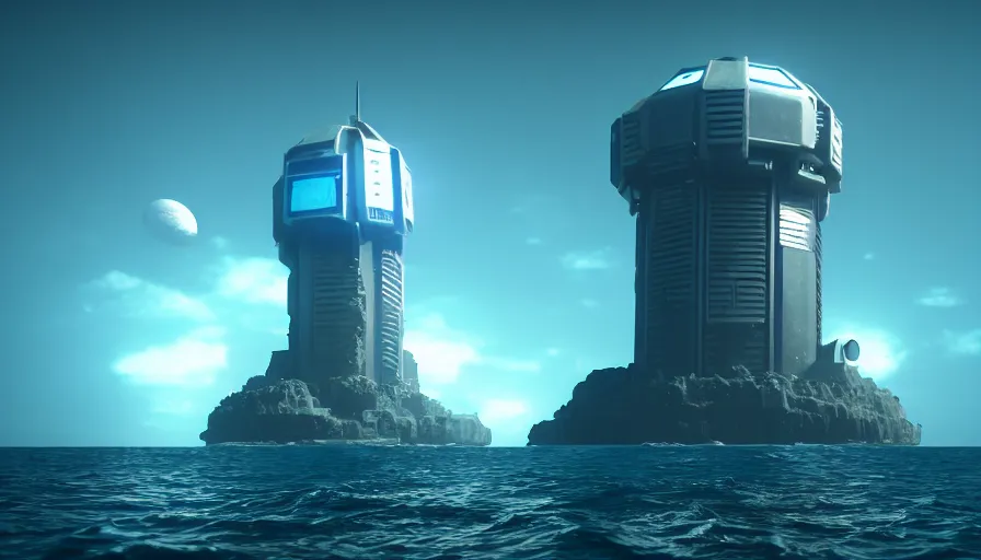 Image similar to a island in the middle of the ocean with a large cyberpunk tower on it, octane, redshift, volumetric lighting, reflections