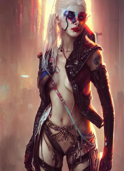 Image similar to a beautiful illustration of cyberpunk elven harley quinn, intricate, sharp focus, illustration, highly detailed, digital painting, concept art, matte, art by wlop and artgerm and greg rutkowski and alphonse mucha, masterpiece