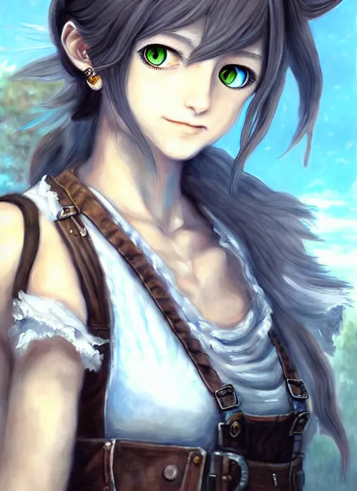 Image similar to a portrait of catgirl wearing white vest, and denim shorts an ultrafine detailed painting, detailed painting, detailed eyes!!, final fantasy octopath traveler lovecraft cosmc horror