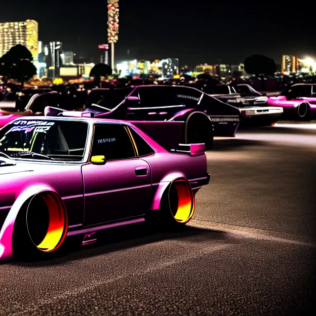 Image similar to a car S30 twin turbo drift at illegal car meet, Saitama prefecture, city midnight mist lights, cinematic lighting, photorealistic, highly detailed wheels, high detail