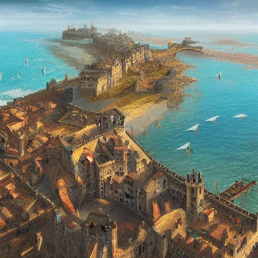Prompt: Digital art of a large medieval coastal capital, bird's eye view drone Marc Simonetti
