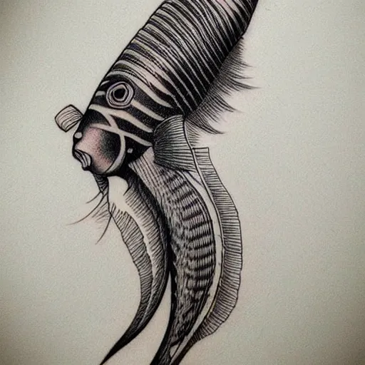 Image similar to whiskerfish tattoo, tatto, black and white, detailed, hyper detailed, intricate, 8 k