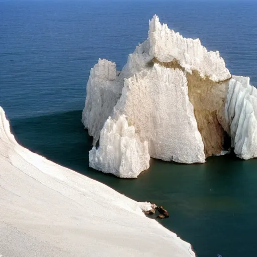 Prompt: an island made of steep salt crystal cliffs