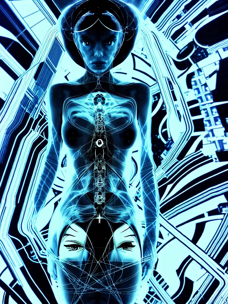 Image similar to x - ray bioscans of a new transhumanist ai race, style mix of æon flux, shepard fairey, hideo kojima, mobius, botticelli, pre - raphaelite, bizarre quantum physics, dramatic atmosphere, wires, ultra detail, 4 k photorealistic,