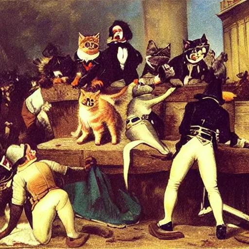 Prompt: Cat revolutionaries in various costumes on a barricade in Paris, 1848, oil on canvas, by Delacroix, 8k