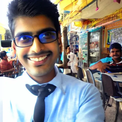 Image similar to a photo taken with an android camera of an indian guy with an awkward smile giving a thumbs up