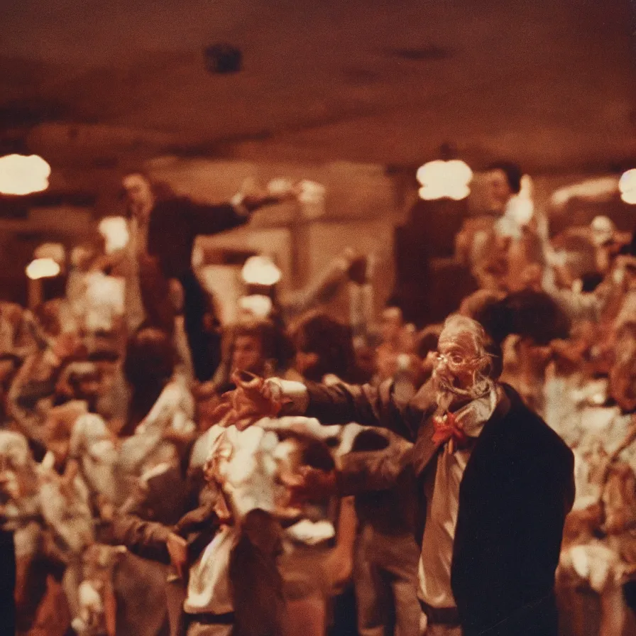 Image similar to 7 0 s movie still of an old man in a soviet ballroom with multiple hands on the floor, cinestill 8 0 0 t 3 5 mm, heavy grain, high quality, high detail