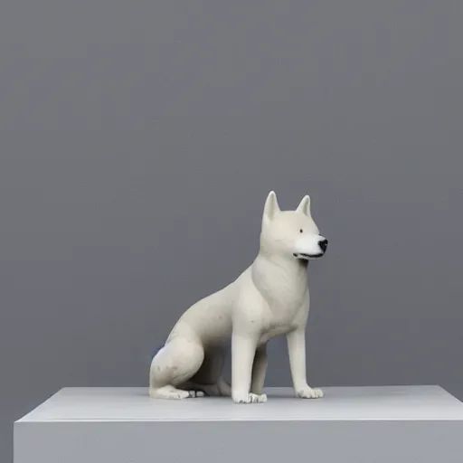 Image similar to studio photo of a marble sculpture, in the shape of a shiba inu. photorealistic, minimalist, ultra detailed.