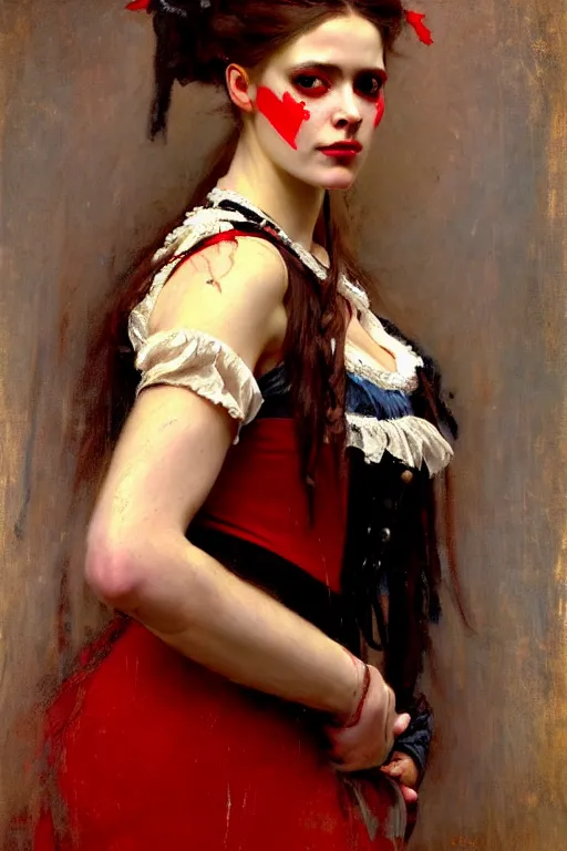 Image similar to solomon joseph solomon and richard schmid and jeremy lipking victorian genre painting portrait painting of a young beautiful woman traditional german french actress model pirate wench in fantasy costume, red background