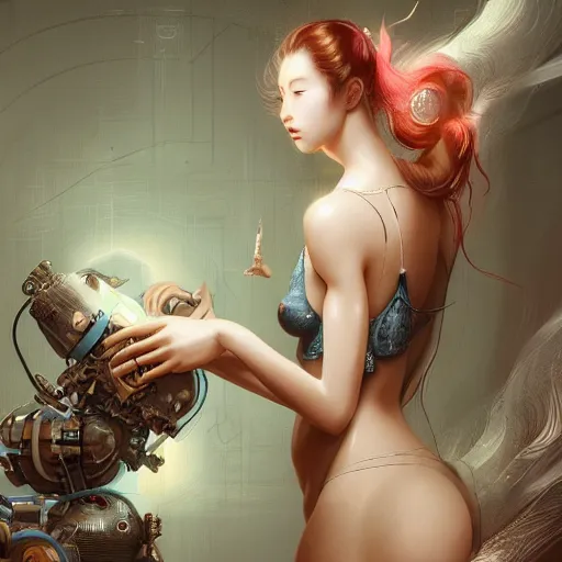 Image similar to hyperrealistic photography of a machine entering a beautiful venus female host in the style of jin kagetsu, james jean and wlop, highly detailed, sharp focus, intricate concept art, digital painting, ambient lighting, 4 k, artstation