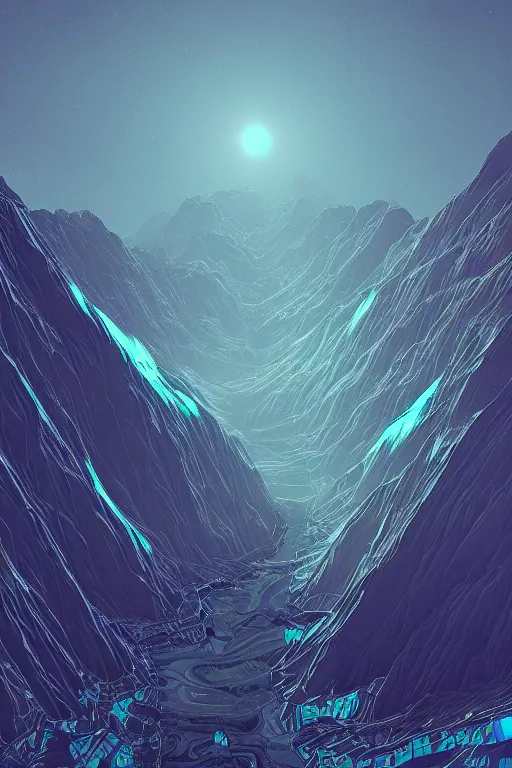 Prompt: digital matte fantasy dreamy mountain scape dark tones snow cyber glitch geometrieva futuristic moonlight, artstation, behance, 8 k by alex grey