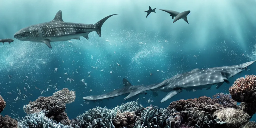 Image similar to hyperrealistic underwater photography, panoramic picture of an ocean floor with in the distance are some whale sharks. focus on the sharks. the sharks are anatomically correct and highly detailed. lots of bubbles. seaweed and some rocks. gloomy scattered light entering from the water surface, trending on artstation, hq, 4 k