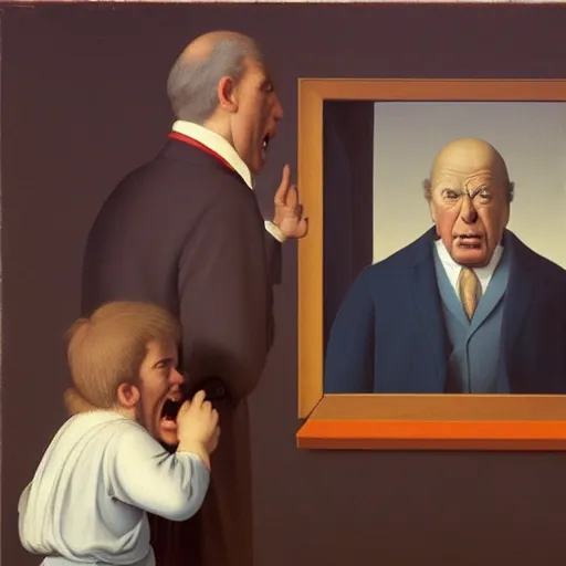 Image similar to a very funny looking father yelling at his children by Raphael, Hopper, and Rene Magritte. detailed, romantic, enchanting, trending on artstation.