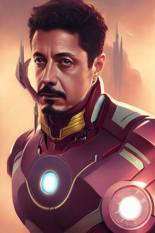 Image similar to happy vladimir zelensky is similar to tony stark, portrait, iron man, highly detailed, digital painting, artstation, concept art, smooth, sharp focus, illustration, cinematic lighting, art by artgerm and greg rutkowski and alphonse mucha